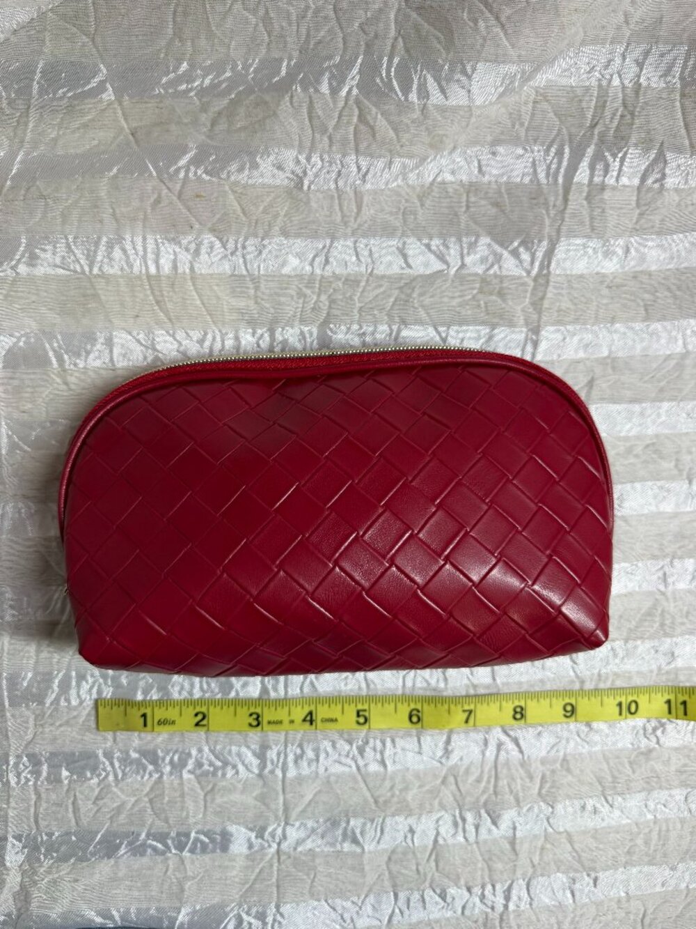 Lancome Red Woven Faux Leather Zip Cosmetic Makeup Bag Pouch